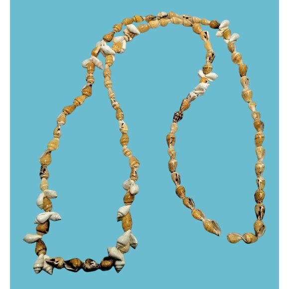 Shell Bead Necklace White Tan Tiki Beachy Tropical Coastal Crafts 38 inch - Picture 2 of 5
